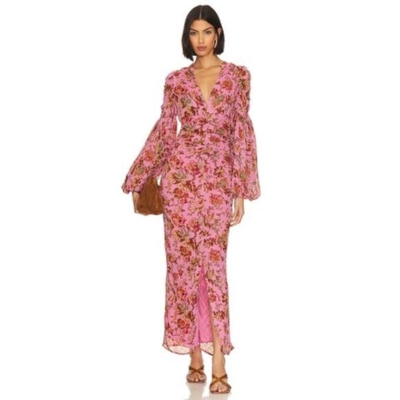 By Timo Weiland Golden Floral Long Sleeve Georgette Maxi Dress XS Pink Wallpaper - Picture 1 of 10